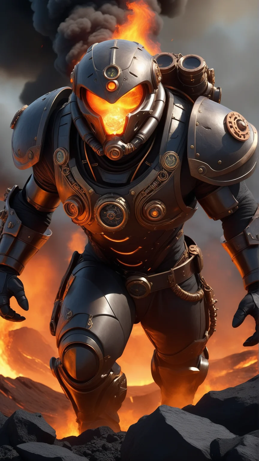 fantasy, archaeology  theme, <lora:ExpeditionStyleXL:1> ExpeditionStyle   solo, half shot, detailed background, detailed face, (<lora:SteamPunkBundleV3:0.4>, steampunkai, steampunk theme:1.1) (glowing fiery eyes:1.05), primal fury,  primal fiery armored fighter, [heavy armor:molten rock:2], engulfed in flames,  flowing lava, cracks,  dynamic pose,    obsidian in background, <lora:Fire_VFX:0.3>,  epic cataclysmic atmosphere,