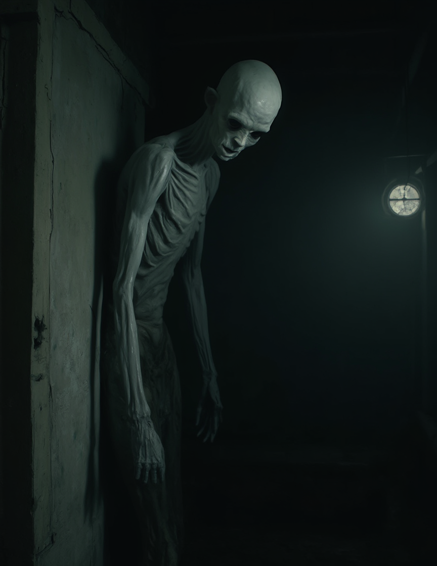  a haunting, eerie figure lurking in the shadowy corner of what seems to be an abandoned, dimly lit room. The figure is humanoid but emaciated and ghostly in appearance, with gaunt, skeletal features and hollow, dark eye sockets. Its face is expressionless, but the lack of detail and the pale, ashen skin give it an unsettling, spectral presence.The room itself is old and decrepit, with cracked, moldy walls and a small, round window that allows a faint beam of light to filter in. This light partially illuminates the figure but also casts deep shadows, leaving much of the creature obscured in darkness. The ceiling appears low, adding to the sense of claustrophobia and unease, and the overall atmosphere feels oppressive and abandoned.The figure hovering or leaning against the wall, its body almost blending with the darkness. The contrast between the dim light from the window and the pitch-black shadows creates a strong sense of tension and dread, as if the figure is watching silently, waiting for something unknown. The mood of the image is deeply unsettling, evoking feelings of fear, isolation, and the presence of something malevolent lurking just out of view.






