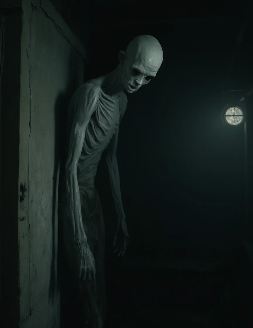 a haunting, eerie figure lurking in the shadowy corner of what seems to be an abandoned, dimly lit room. The figure is humanoid but emaciated and ghostly in appearance, with gaunt, skeletal features and hollow, dark eye sockets. Its face is expressionless, but the lack of detail and the pale, ashen skin give it an unsettling, spectral presence.The room itself is old and decrepit, with cracked, moldy walls and a small, round window that allows a faint beam of light to filter in. This light partially illuminates the figure but also casts deep shadows, leaving much of the creature obscured in darkness. The ceiling appears low, adding to the sense of claustrophobia and unease, and the overall atmosphere feels oppressive and abandoned.The figure hovering or leaning against the wall, its body almost blending with the darkness. The contrast between the dim light from the window and the pitch-black shadows creates a strong sense of tension and dread, as if the figure is watching silently, waiting for something unknown. The mood of the image is deeply unsettling, evoking feelings of fear, isolation, and the presence of something malevolent lurking just out of view.