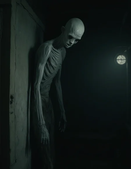 a haunting, eerie figure lurking in the shadowy corner of what seems to be an abandoned, dimly lit room. The figure is humanoid but emaciated and ghostly in appearance, with gaunt, skeletal features and hollow, dark eye sockets. Its face is expressionless, but the lack of detail and the pale, ashen skin give it an unsettling, spectral presence.The room itself is old and decrepit, with cracked, moldy walls and a small, round window that allows a faint beam of light to filter in. This light partially illuminates the figure but also casts deep shadows, leaving much of the creature obscured in darkness. The ceiling appears low, adding to the sense of claustrophobia and unease, and the overall atmosphere feels oppressive and abandoned.The figure hovering or leaning against the wall, its body almost blending with the darkness. The contrast between the dim light from the window and the pitch-black shadows creates a strong sense of tension and dread, as if the figure is watching silently, waiting for something unknown. The mood of the image is deeply unsettling, evoking feelings of fear, isolation, and the presence of something malevolent lurking just out of view.