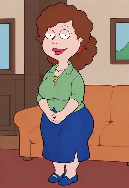 score_9, score_8_up, score_7_up, score_6_up, high quality, rounded eyes, style parody, cartoon style, 1girl, solo, living room, couch, indoors,
BREAK
unnamed girl, brown hair, black eyes, (mature female:1.5), (plump:1.2), large breasts, gigantic ass, gigantic hips, green sweater, rolled up sleeves, blue skirt, navy blue shoes, own hand together, smile, looking at viewer, long skirt, half-closed eyes, necklace,
