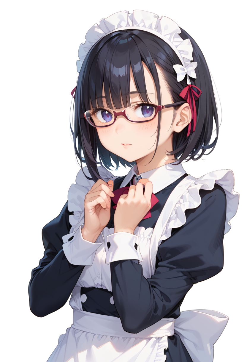 score_9, score_8_up, score_7_up, rating_safe, masterpiece, best quality, absurdres, unity 8k wallpaper, official art, official style, source_anime, uncensored, game cg, megami magazine,
1girl, solo, black hair, medium hair, upper body, covered eyes,maid, maid headdress, black dress, maid apron, face focus,
underrim_cell, glasses, still life, white background, simple background, under-rim eyewear, red-framed eyewear, 
 <lora:glasses_underRimCell_PONY_V1:1>