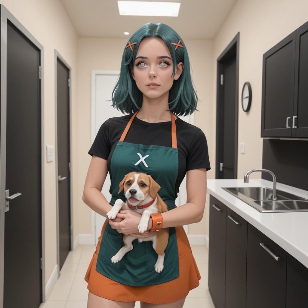 masterpiece, highres, best quality, 1girl, medium hair, teal hair, white eyes, x hair ornament, Magenta t-shirt with orange cuffs and neckline, green Apron with neck strap, orange short skirt rolled up at bottom, Red at bottom of eyes, Solo, holding Pet, Other worldly Pet, Dog like, nervous, bangs, In pet salon