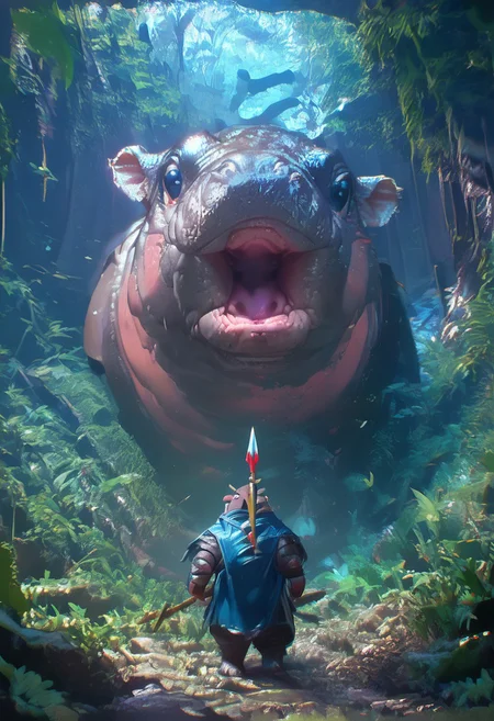 score_9,score_8_up,score_7_up
knight, spear,
foreshortening, warped perspective, fisheye,
bosstyle, 
collumns, foliage, 
smoke, 
bosstyle,
no humans, moo deng, hippo, open mouth, cute