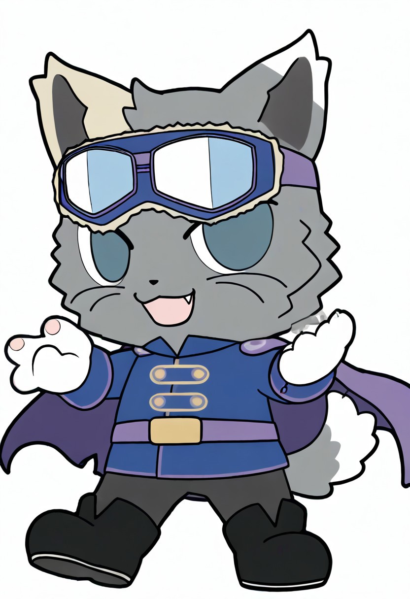 cat, 1boy, solo, male focus, chibi, furry male, furry, grey fur, goggles, goggles on head, animal ears, blue eyes, cape, jacket, gloves, white gloves, boots, black footwear, tail, full body, smile, open mouth, fang, white background, high quality