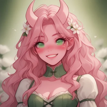 Score_9, Score_8_up, Score_7_up, (masterpiece), best quality, perfect face, perfect anatomy, Tiefling, pointed ears, horns, colored sclera, tail, pink skin, anime girl, green eyes, slim, pink hair, wavy hair, long hair length, white flowy dress, green corset that highlights her waist, white flowers in hair, romantic aura, cleavage, romantic perspective, smiling, nervous, blushing, beautiful perspective. blurred background, nature background
