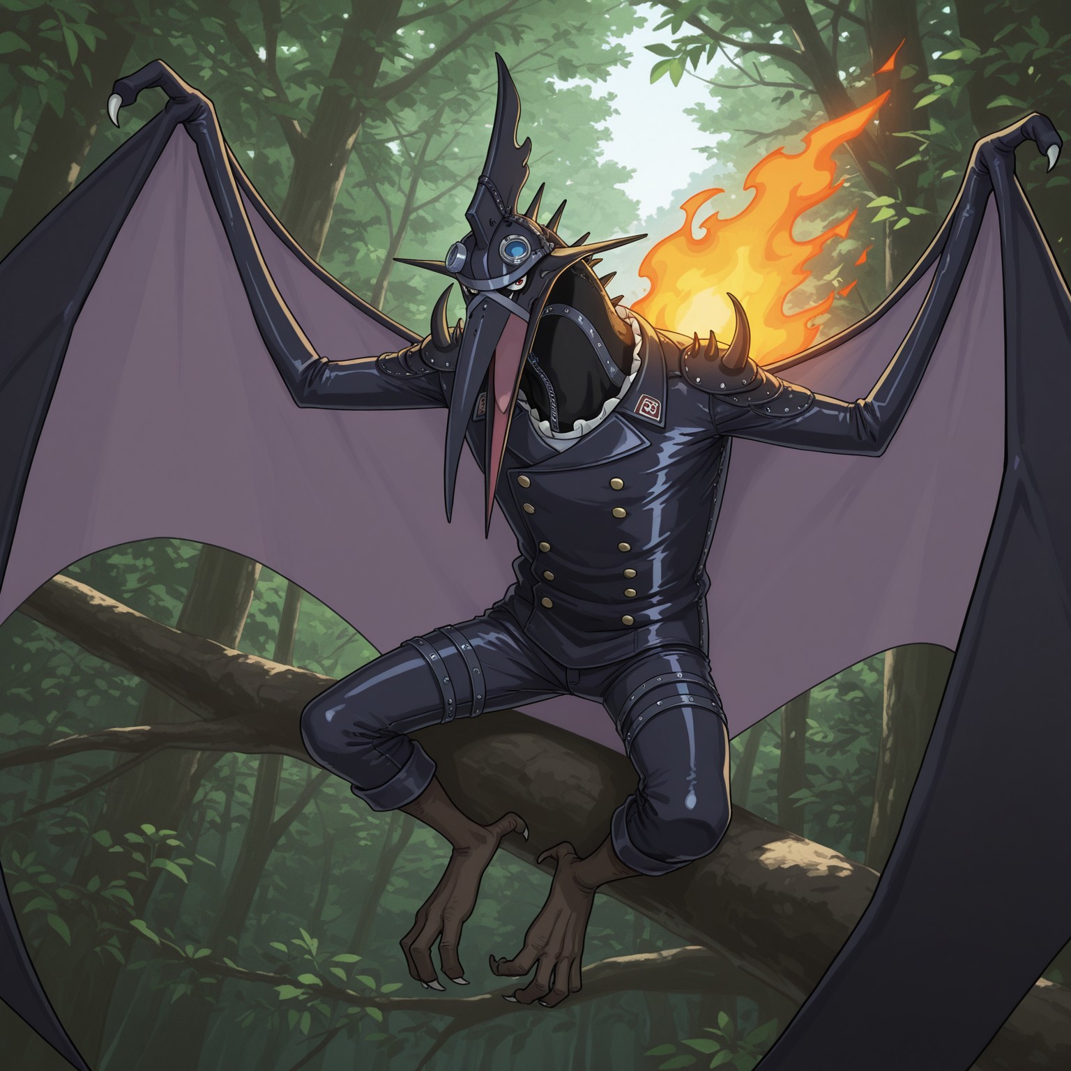 PteranKing, 2d, 1boy, solo, creature, reptile, scalie, male, pterosaur, pteranodon, membranous wings, red eyes, black leather uniform, black leather pants, black neck, beak, zipper, black bands, black spikes, black horns, blue-lensed goggles, buttons, brown feet, white toe claws, white ruffles, zipper, fire on back, head crest, 

BREAK morning, sunny day, outside, forest, sitting on tree branch, looking at viewer, open mouth

BREAK best quality, amazing quality, very aesthetic, absurdres, newest, masterpiece, high qualith
