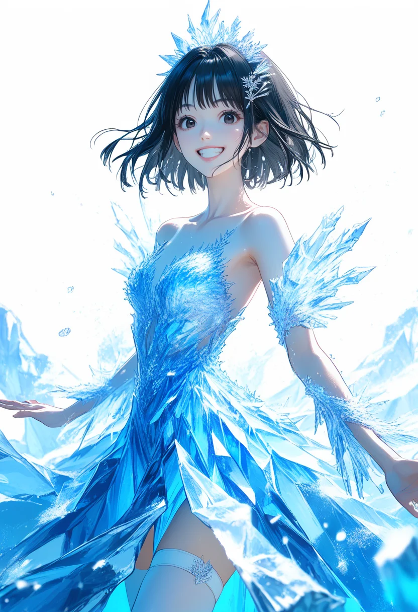score_9, score_8_up, score_7_up, source_anime, perfect anatomy, ((outlined outlined vector graphics)), , ,cute face,simple background,
1girl,ice dress, ice dress, white background,20yo, black hair, black eyes, short bob hair, hair pin,mdeium breast, slender,(white thigh strap:1.1) ,ice tiara, cowboy shot, smile, grin, clothes,glittering , grimmering, glowing <lora:ice-ress-01:1.1>