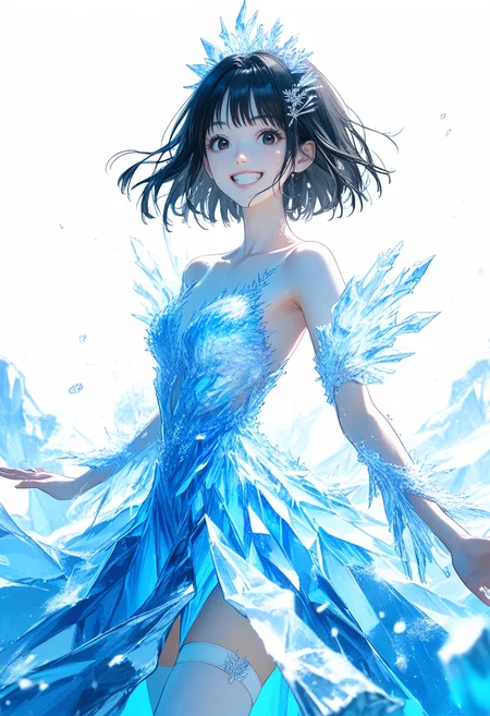score_9, score_8_up, score_7_up, source_anime, perfect anatomy, ((outlined outlined vector graphics)), , ,cute face,simple background,
1girl,ice dress, ice dress, white background,20yo, black hair, black eyes, short bob hair, hair pin,mdeium breast, slender,(white thigh strap:1.1) ,ice tiara, cowboy shot, smile, grin, clothes,glittering , grimmering, glowing <lora:ice-ress-01:1.1>