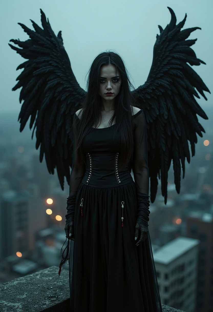 A female emo angel, with jet-black wings tinged with hints of crimson, stands atop a desolate, urban rooftop. Their melancholic gaze pierces through the darkness, reflecting the pain and turmoil of the world below. Tattered black feathers cascade around them, swirling in the cold, night air. The cityscape stretches out behind, a labyrinth of shadows and flickering neon lights. Rendered in a blend of Gothic and Photographic styles, capturing the raw emotion and gritty realism of the scene. The image is bathed in moody, atmospheric lighting, casting dramatic shadows across the angel's solemn expression.<lora:ImageUpgraderV2:0.5> detailmaximizer