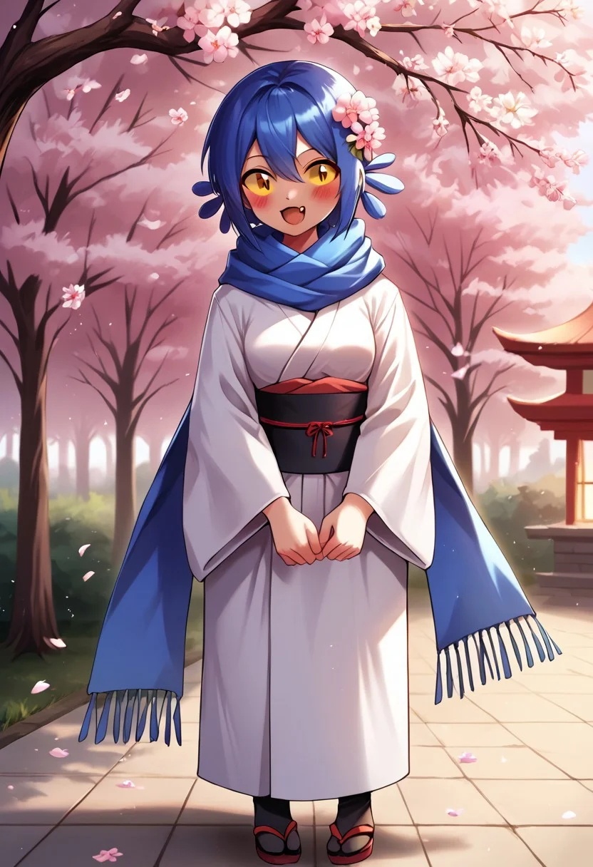 hyper realistic lighting, hyper realistic, extremely detailed, light particles, explict content, High quality, high res, digital art, masterpiece, soft shading, realistic lighting, sfw, (outdoors, cherry blossoms), boring_e621_v4, negative_hand-neg, score_9, score_8_up, score_7_up, source anime,
cniko, cute, blue hair, short hair, hair between eyes, whiskers, yellow sclera, brown eyes, slit pupils, happy, blushing, smile, fang, cute fang, fang poking out, blue scarf, kimono, hair ornament, breasts, small breasts, full body, flowers, many flowers, festival, sakura, cherry blossoms, holding sakura flower,