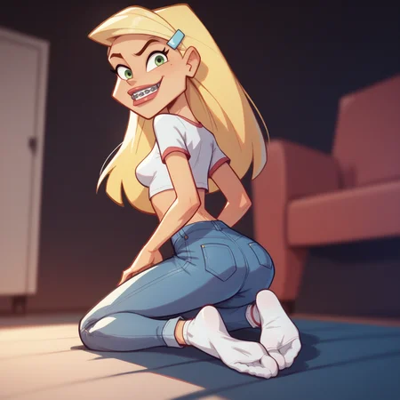 score_9, score_8_up, score_7_up,
blonde hair, long hair, green eyes, braces, hairclip, small breasts,
crop top, skinny jeans, white socks, short sleeves,
dark background, living room,
1girl, looking back at viewer, kneeling, foot focus,
xsharonx <lora:sharonv3-000011:0.7>