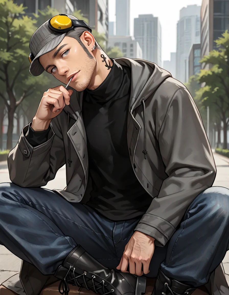 masterpiece, best quality, absurdres, newest, perfect quality, best quality, absolutely eye-catching, detailed background, intricate details, male focus, realistic, solo, <lora:Persona 5 - Munehisa Iwai - Illustrious 2_1-000006:0.7>, m_iwai, 1boy, mature male, grey hair, very short hair, grey eyes, long sideburns, stubble, neck tattoo, earrings, pinstripe hat, ear protection, grey long coat, black turtleneck, hood down, jeans, black boots, head tilt, come hither, looking at viewer, outdoors, city, trees, three quarter view, lollipopâââ in mouth, head tilt, sitting