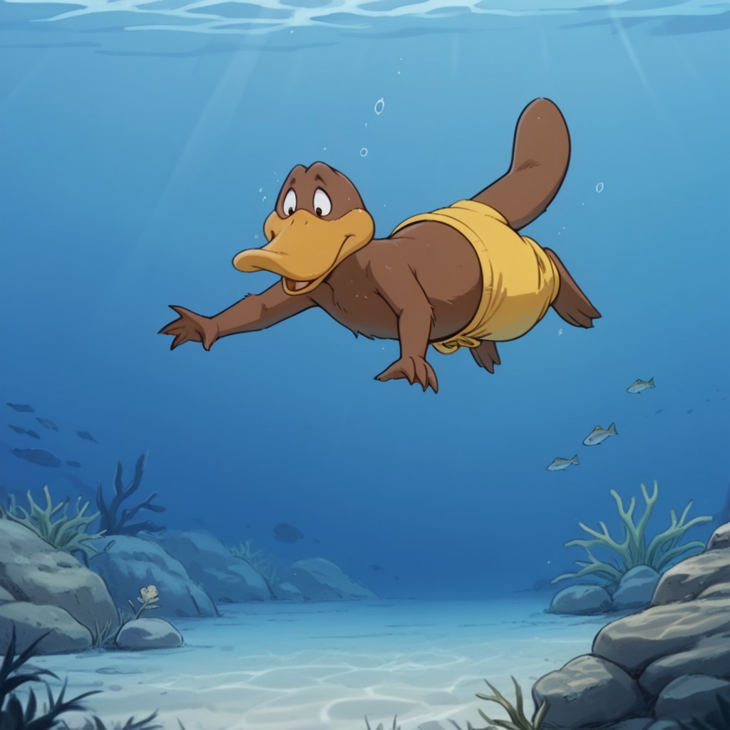 masterpiece, best quality, amazing quality,FlapbbILv2, semi-anthro, male, Platypus, brown fur, duck-billed, webbed feet, webbed fingers, yellow pants, swimming, underwater