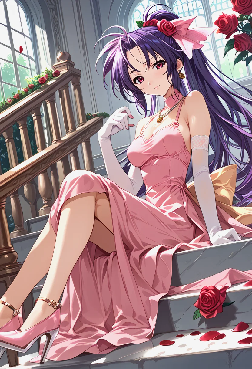<lora:trumkuu_Pv11-000030:1>, ntrkuu, 1girl, elbow gloves, flower, hair flower, high heels, jewelry, long hair, necklace, rose, purple hair, rose petals, solo, stairs, pink dress,, sitting, ponytail, waist ribbon,, BREAK score_9, score_8_up, score_7_up, score_6_up, source_anime, best quality,