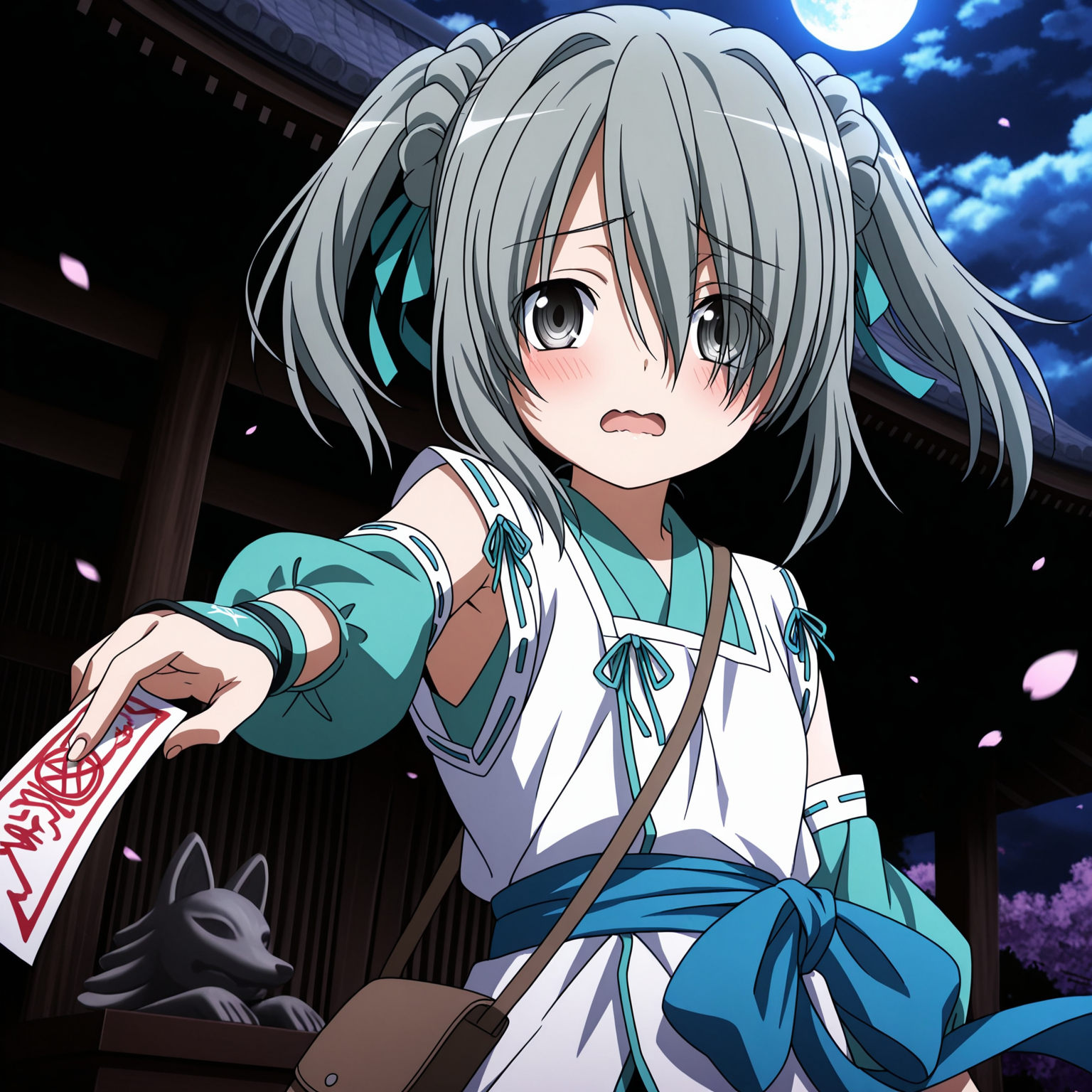 absurdres,highres,masterpiece,best quality,amazing quality,official anime artwork,outdoors,
anime screencap,
1girl,solo,
(Volumetric Lighting,Cinematic Lighting),
shrine,night,cloudy sky,full moon,flying petals,fox statue,
floating hair,reaching towards viewer,dutch angle,holding ofuda,
upper body,((close-up)),
blush,wavy mouth,open mouth,shy,
dynamic pose,motion lines,motion blur,
BREAK <lora:Takenaka_Hanbee_ONY_illuV01_b3g2plw1c1ogwdblr_spd_d32a16_lr341y273_rvs_ppsf_atan2_lr540y38_b>,
TH_ONY,grey hair,short hair,long bangs,short twintails,green ribbon,hair ribbon,grey eyes,hair over one eye,eyes visible through hair,white overcoat,green short kimono,green detached sleeves,puffy sleeves,front slit,green trim,green wrist guards,pentagram print wrist guards,blue sash,long sash,small brown messenger bag,