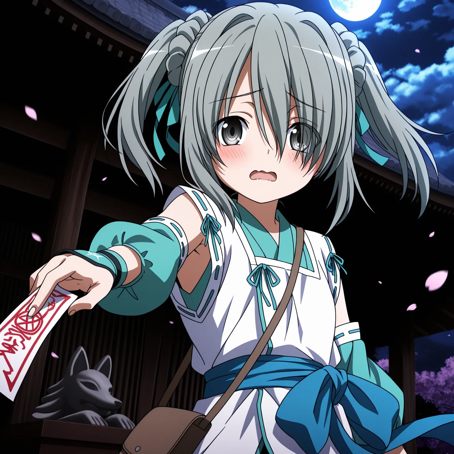 absurdres,highres,masterpiece,best quality,amazing quality,official anime artwork,outdoors,
anime screencap,
1girl,solo,
(Volumetric Lighting,Cinematic Lighting),
shrine,night,cloudy sky,full moon,flying petals,fox statue,
floating hair,reaching towards viewer,dutch angle,holding ofuda,
upper body,((close-up)),
blush,wavy mouth,open mouth,shy,
dynamic pose,motion lines,motion blur,
BREAK <lora:Takenaka_Hanbee_ONY_illuV01_b3g2plw1c1ogwdblr_spd_d32a16_lr341y273_rvs_ppsf_atan2_lr540y38_b>,
TH_ONY,grey hair,short hair,long bangs,short twintails,green ribbon,hair ribbon,grey eyes,hair over one eye,eyes visible through hair,white overcoat,green short kimono,green detached sleeves,puffy sleeves,front slit,green trim,green wrist guards,pentagram print wrist guards,blue sash,long sash,small brown messenger bag,