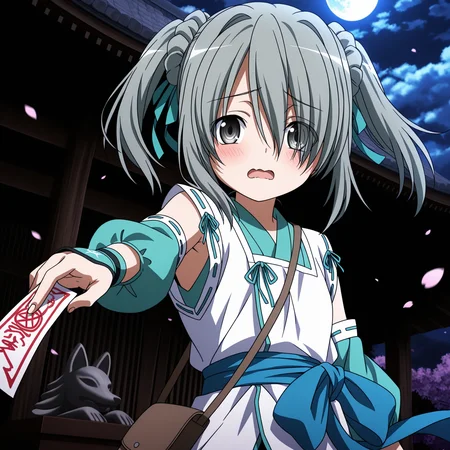 absurdres,highres,masterpiece,best quality,amazing quality,official anime artwork,outdoors,
anime screencap,
1girl,solo,
(Volumetric Lighting,Cinematic Lighting),
shrine,night,cloudy sky,full moon,flying petals,fox statue,
floating hair,reaching towards viewer,dutch angle,holding ofuda,
upper body,((close-up)),
blush,wavy mouth,open mouth,shy,
dynamic pose,motion lines,motion blur,
BREAK <lora:Takenaka_Hanbee_ONY_illuV01_b3g2plw1c1ogwdblr_spd_d32a16_lr341y273_rvs_ppsf_atan2_lr540y38_b>,
TH_ONY,grey hair,short hair,long bangs,short twintails,green ribbon,hair ribbon,grey eyes,hair over one eye,eyes visible through hair,white overcoat,green short kimono,green detached sleeves,puffy sleeves,front slit,green trim,green wrist guards,pentagram print wrist guards,blue sash,long sash,small brown messenger bag,