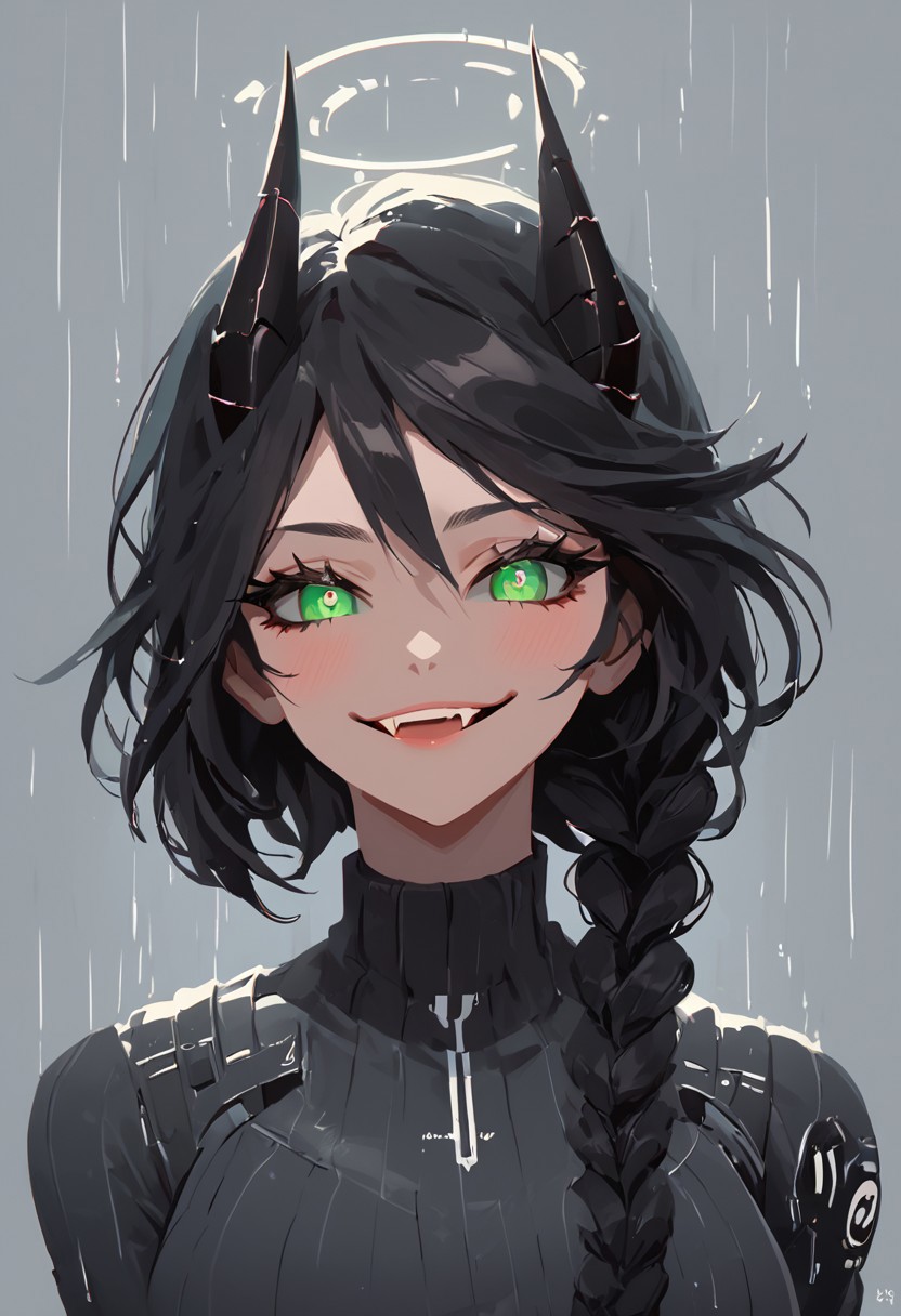 score_9, score_8_up, score_8, female, cel-shading, backlit, big eyes, cute eyes, delicate features, short hair, (braided hair), black hair, portrait, nsfw, smug, seductive eyes, horns, hologram halo, techwear, cyborg, cybernoir, heavy rain, rainrops, (((dark))), sexy, sensual glare, green eyes, black sclera, big chest, lineless, flar color, toothy smile, fangs,