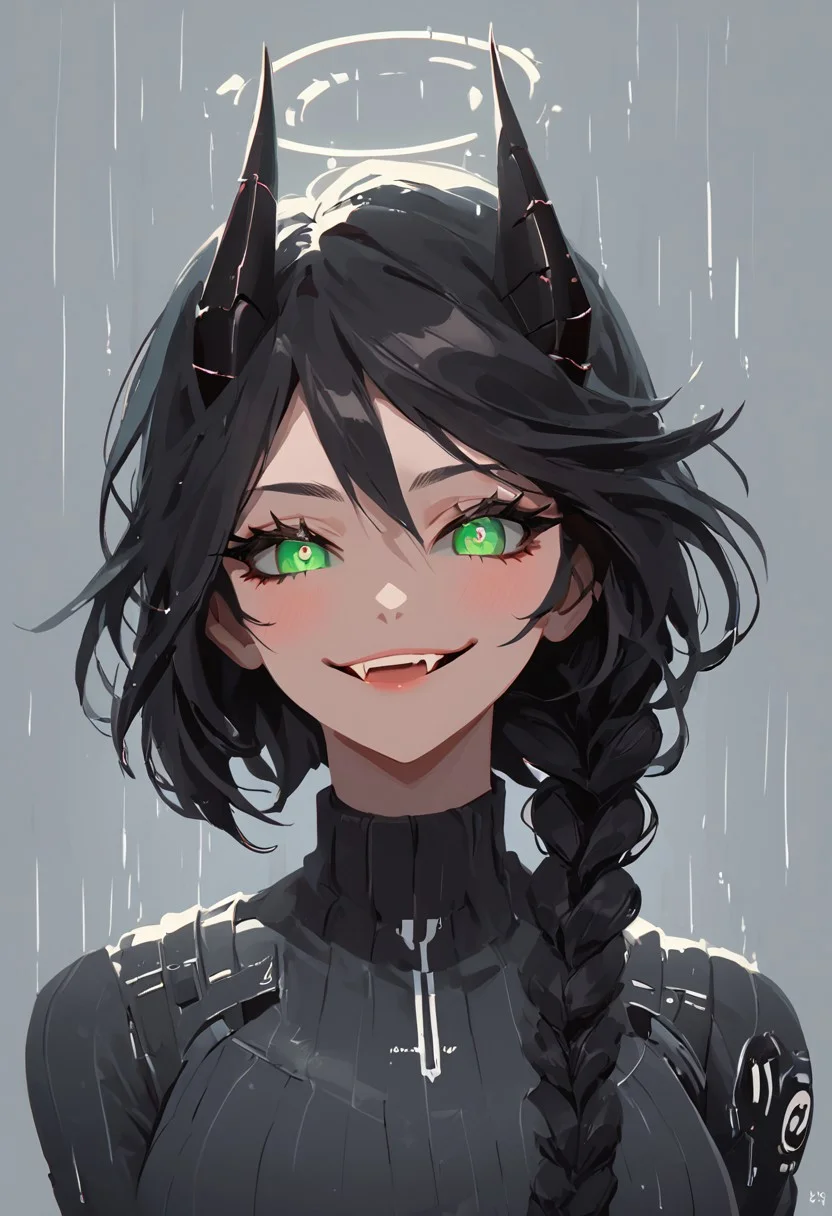 score_9, score_8_up, score_8, female, cel-shading, backlit, big eyes, cute eyes, delicate features, short hair, (braided hair), black hair, portrait, nsfw, smug, seductive eyes, horns, hologram halo, techwear, cyborg, cybernoir, heavy rain, rainrops, (((dark))), sexy, sensual glare, green eyes, black sclera, big chest, lineless, flar color, toothy smile, fangs,