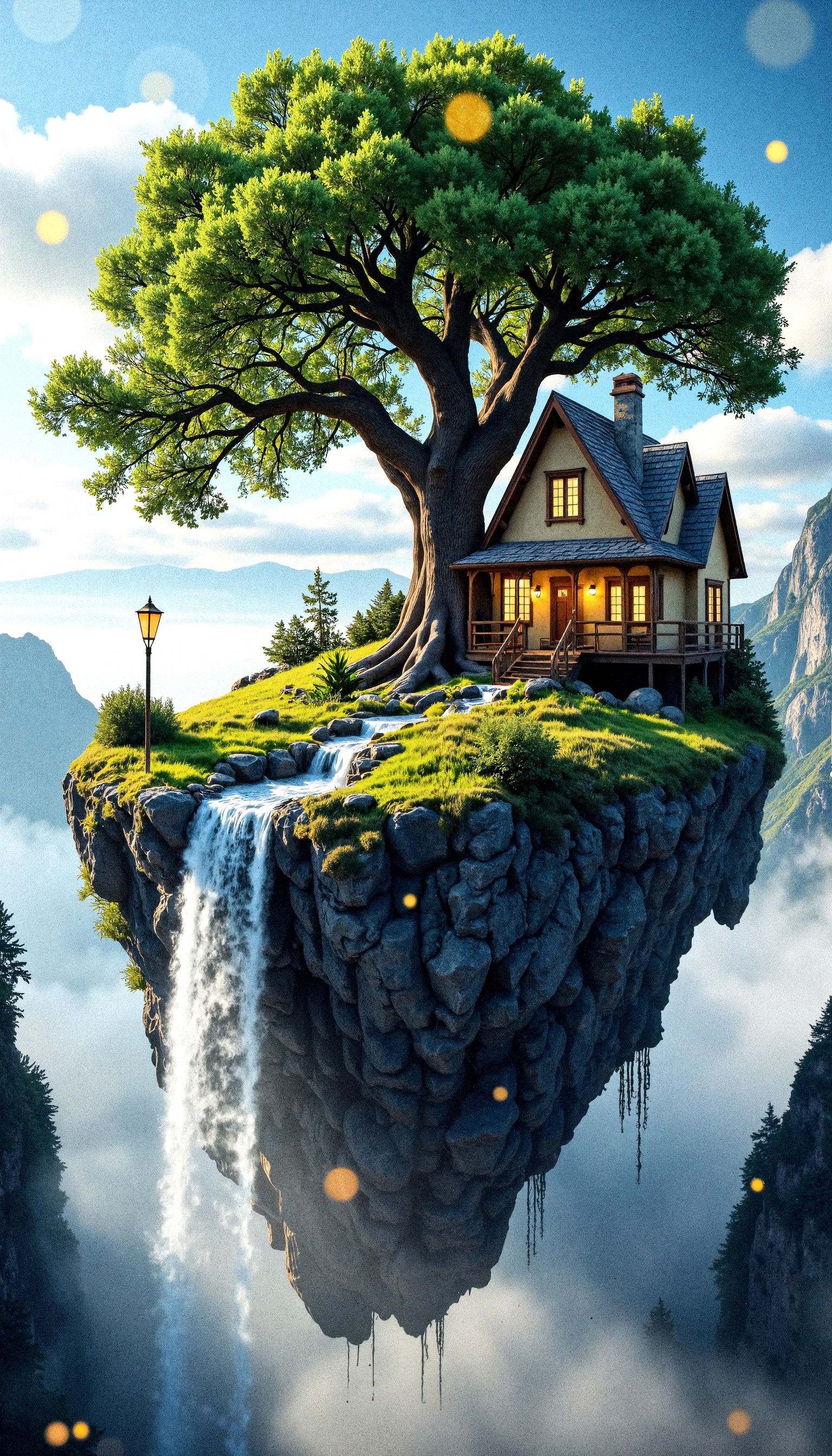 "A serene floating island featuring a fairytale-like cottage with glowing windows nestled beneath a sprawling tree, its roots embedded in the rocky, uneven terrain. A delicate waterfall flows over the edge of the island, its shimmering water trailing into a cloudy abyss. The soft glow of a lamppost on a small wooden bridge invites a sense of wonder, while golden firefly-like bokeh lights float in the background, creating an ethereal, dreamlike environment suspended in the sky."
 <lora:FluxDFaeTasticDetails:0.2> <lora:aidmaHyperrealism-FLUX-v0.3:0.8>