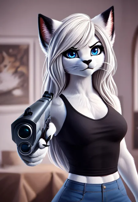 masterpiece, score_9_up, score_8_up, score_7_up, score_6_up, source_furry, (best quality:1.1), ultra-detailed, high resolution, solo, highly detailed macro illustration, solo, 1girl, Nikita, anthro cat, feline, female, white fur, long white hair, hair over one eye, blue eyes, long eyelashes, black eyebrows, black animal nose, whiskers, fluffy ears, fluff in ears, black ear tips, breasts, tight black top, angry facial expression, frown BREAK indoors, blurred background<lora:HandPointingAGunMeme_XLPD:0.8> holding weapon, handgun, holding gun, aiming at viewer, revolver, paws on trigger, black claws, highly visible, anatomically correct
