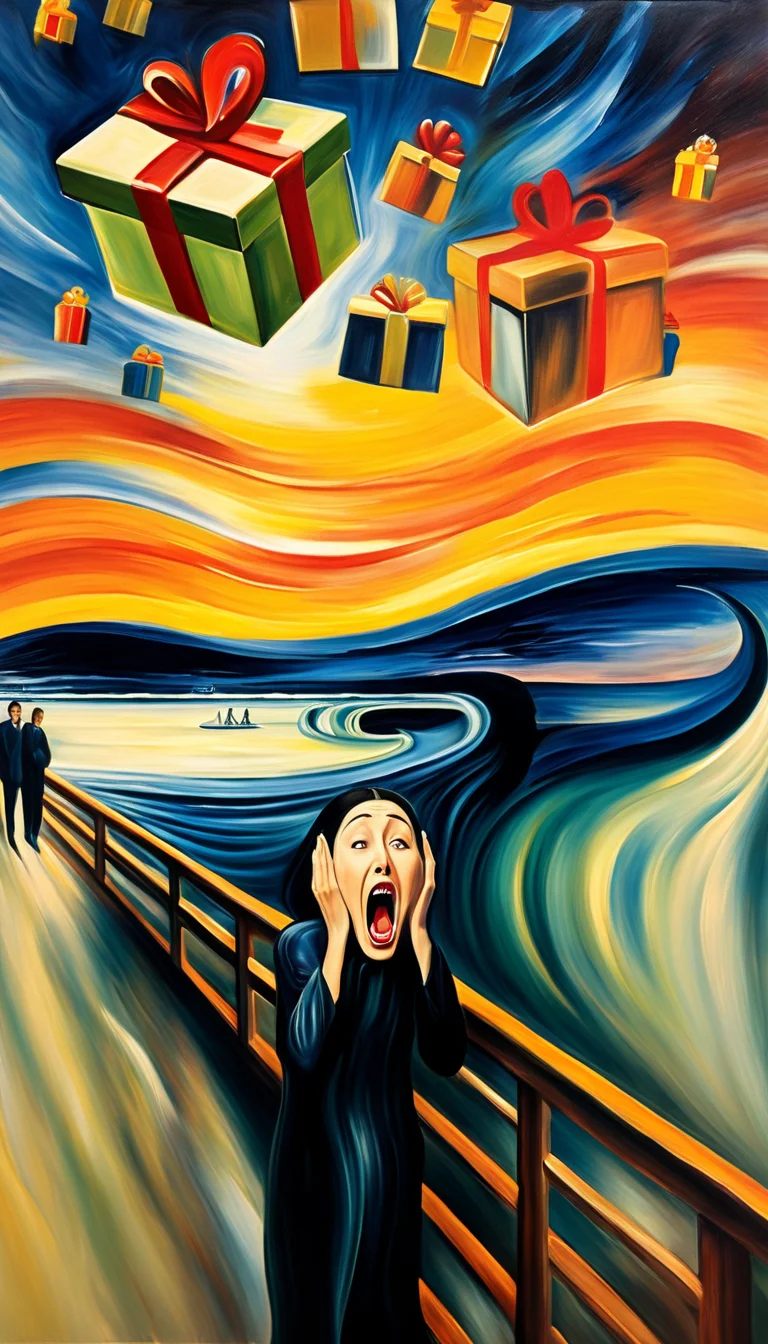 detailed, in the style of Edvard Munch, a painting of (((gift box falling from the sky))),
AND,
a man with a woman screaming, the scream painting, surreal oil painting, surreal painting, epic surrealism 8k oil painting, <lora:FF-Style-Edvard-Munch-vpred:1>,