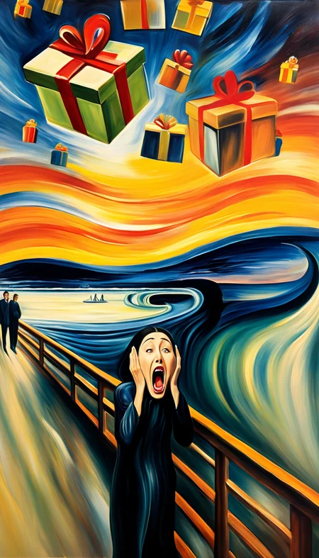 detailed, in the style of Edvard Munch, a painting of (((gift box falling from the sky))),
AND,
a man with a woman screaming, the scream painting, surreal oil painting, surreal painting, epic surrealism 8k oil painting, <lora:FF-Style-Edvard-Munch-vpred:1>,