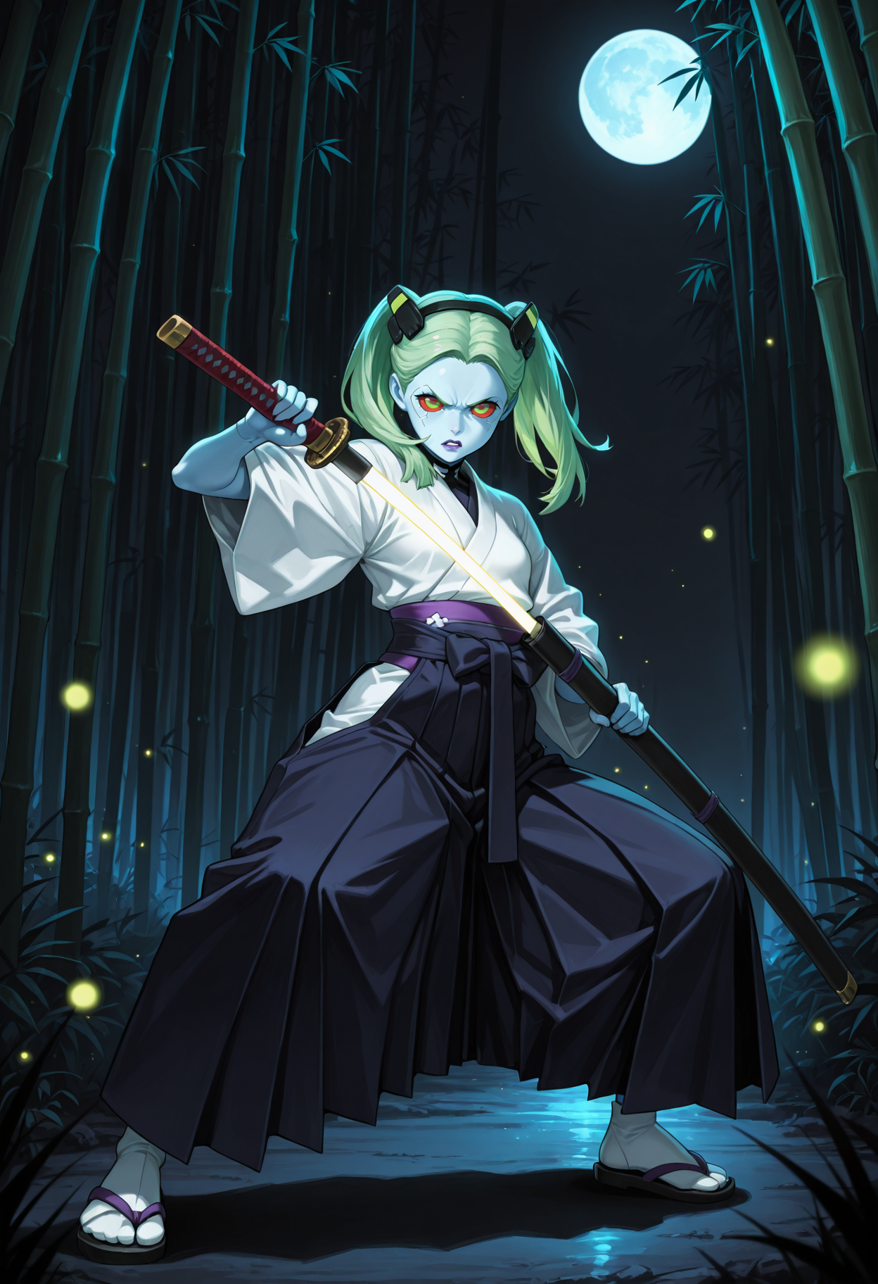 masterpiece, best quality, highres, absurdres, very awa, 1girl, solo, blue skin, twintails, parted bangs, forehead, green hair, purple lips, small breasts, colored sclera, red sclera, (samurai:1.2), japanese clothes, hakama, outdoors, (bamboo forest), full moon, night, battoujutsu stance, ready to draw, fighting stance, unsheathing, sheath, holding sheath, full body, headgear, hakama skirt, tabi, sandals, fireflies, dark theme, dim lighting, dark background, backlighting, looking at viewer, angry, frown, raised eyebrow, parted lips, masterpiece, best quality, highres, absurdres, very awa, 1girl, solo, blue skin, twintails, parted bangs, forehead, green hair, purple lips, small breasts, colored sclera, red sclera, (samurai:1.2), japanese clothes, hakama, outdoors, (bamboo forest), full moon, night, battoujutsu stance, ready to draw, fighting stance, unsheathing, sheath, holding sheath, full body, headgear, hakama skirt, tabi, sandals, fireflies, dark theme, dim lighting, dark background, backlighting, looking at viewer, angry, frown, raised eyebrow, parted lips, cyberpunk