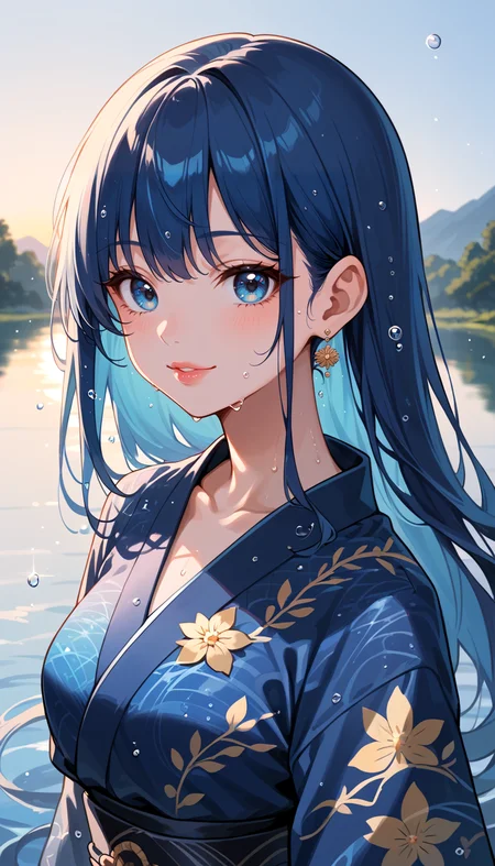 score_9, score_8_up, score_7_up, Anime Style, Portrait, girl, cute, seductive, innocent, light smile:0.3, plump lips, slender body, floating blue hair, long hair, water:0.7, waterdrop, wet, high detailed blue kimono texture, intricate pattern, ultra detailed, textured clothing, softlight passing through hair, sunset, lake background, depth of field, dynamic angle, fashion photography, sharp, hyperdetailed:1.15
