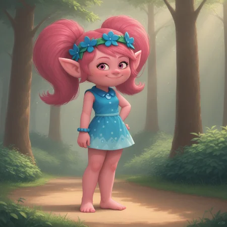 score_9, score_8, BREAK, Poppy_(\Trolls\), pink skin, pink hair, pink nose, ponytail, pink eyes, pointy ears, bracelet, hair flower, head wreath, cyan dress, barefoot, sexy pose, smile, outdoors, sunlight, shadows, evening lighting, natural lighting, forest, trees, grass, orange sky, sunset
