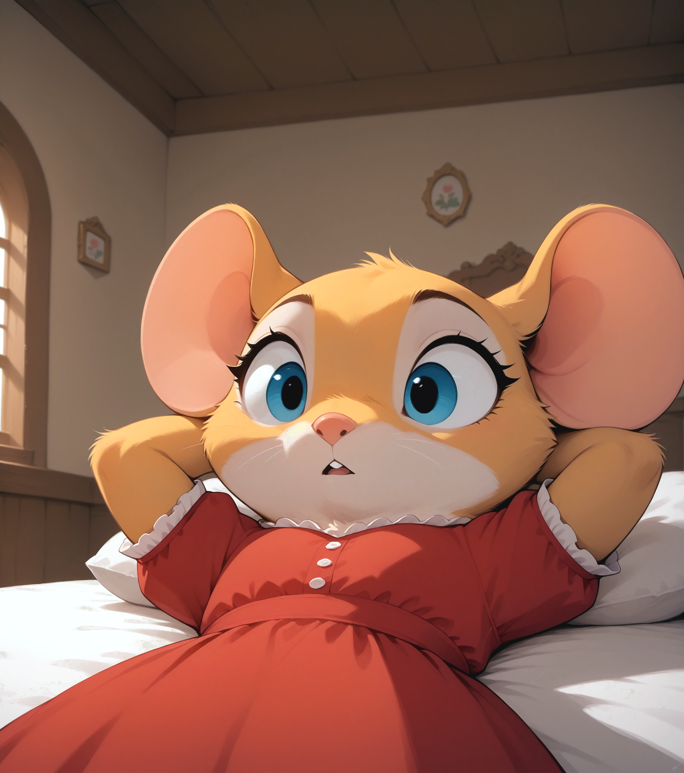 masterpiece, best quality, amazing quality, 

m0use_istyle, cute, (toon:1.2), mouse, 1girl, yellow fur, blue eyes, red dress, frilly, , , from below, low-angle view, indoors, mansion, (Lying on back, arms behind head:1.2), detailed background