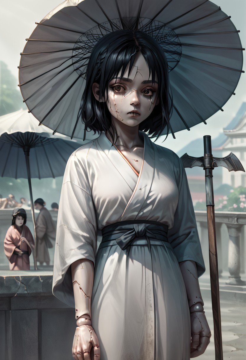 score_9, score_8_up, score_7_up, score_6_up, easynegative, masterpiece, the highest, perfecteyes, brown eyes, girl, kimono ,black hair, scythe,umbrella in hand,jewelry,geisha , fear, facial cracks,tears,porcelain body,doll,doll joints