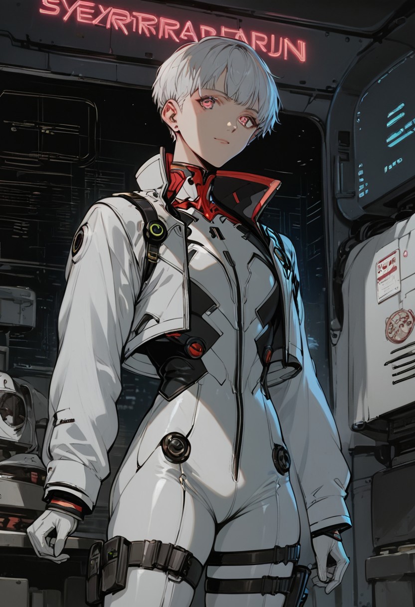 core_9, score_8_up, score_7_up, score_6_up, score_5_up, score_4_up,1 boy, short hair, 18 years old, albino, white hair, neon pink eyes, pale skin, golden collar, fitness boy, Diamond pattern, lightweight padded jacket, long sleeve, cropped padded jacket, coat, puffer and packable coats, tactical jacket, cyberpunk jacket, tacticalgear, Fashionable style, long sleeves, white bodysuit, latex bodysuit, eva 01 plug suit, white gloves, pistols holstered on their thighs, shiny clothes, science fiction, standing, artist name, cowboy shot, looking at viewer, low angle, background room, spaceship cabin, neon lights, <lora:Yoji-000014:0.85>, score_8_up, score_7_up, score_6_up, score_9, score_8_up, score_7_up, score_6_up.