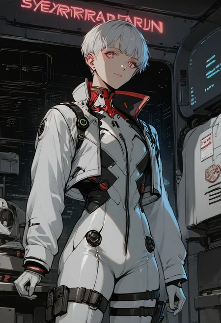 core_9, score_8_up, score_7_up, score_6_up, score_5_up, score_4_up,1 boy, short hair, 18 years old, albino, white hair, neon pink eyes, pale skin, golden collar, fitness boy, Diamond pattern, lightweight padded jacket, long sleeve, cropped padded jacket, coat, puffer and packable coats, tactical jacket, cyberpunk jacket, tacticalgear, Fashionable style, long sleeves, white bodysuit, latex bodysuit, eva 01 plug suit, white gloves, pistols holstered on their thighs, shiny clothes, science fiction, standing, artist name, cowboy shot, looking at viewer, low angle, background room, spaceship cabin, neon lights, <lora:Yoji-000014:0.85>, score_8_up, score_7_up, score_6_up, score_9, score_8_up, score_7_up, score_6_up.