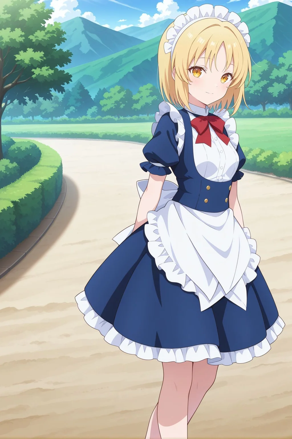 absurdres, highres, masterpiece, best quality, amazing quality, official anime artwork, screencap, anime screencap, outdoors, looking at viewer, light smile, dynamic pose, standing,
<lora:Mugetsu_Illustrious:1> mugetsu, yellow eyes, blonde hair, short hair, small breasts,, maid headress, red bowtie, blue dress, puffy short sleeves, frilled apron, waist apron, white apron,