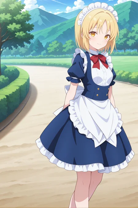 absurdres, highres, masterpiece, best quality, amazing quality, official anime artwork, screencap, anime screencap, outdoors, looking at viewer, light smile, dynamic pose, standing,
 <lora:Mugetsu_Illustrious:1> mugetsu, yellow eyes, blonde hair, short hair, small breasts,, maid headress, red bowtie, blue dress, puffy short sleeves, frilled apron, waist apron, white apron,