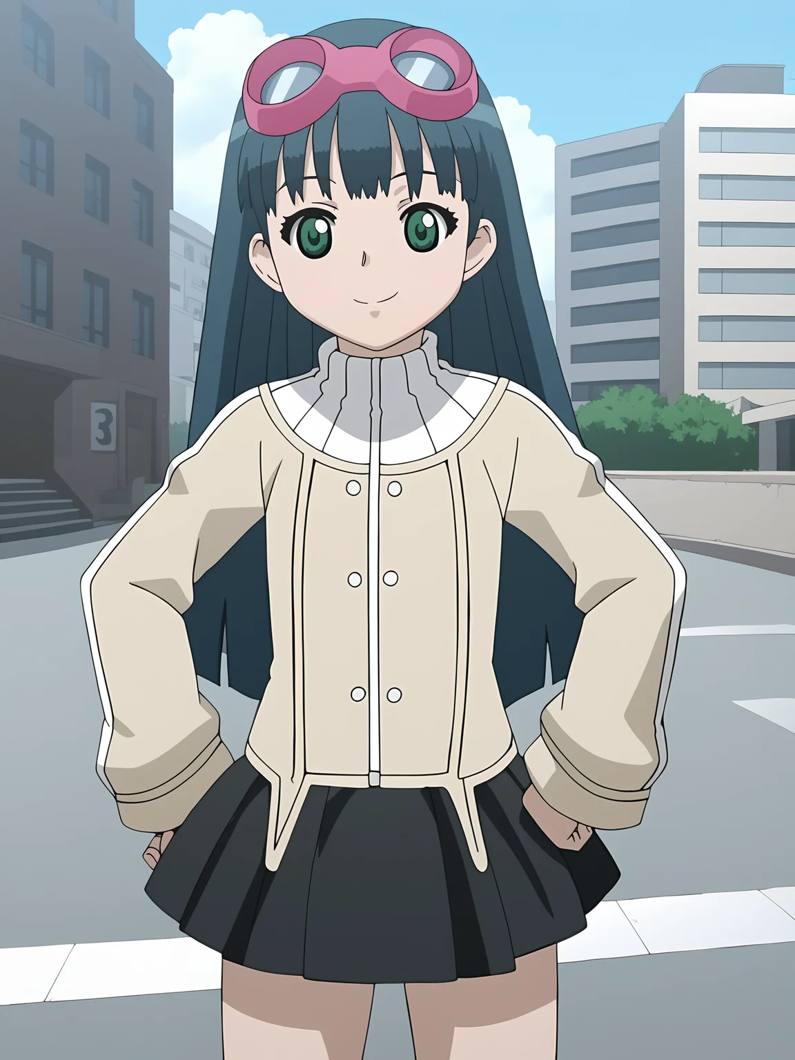 score_9, source_anime BREAK, oldest, anime screencap, outdoors, day, city, pose, <lora:KashaMaverick(Pony)-11:1>KashaMaverick, 1girl, solo, long hair, blue hair, goggles, goggles on head, pink goggles, sweater, multicolored sweater, turtleneck sweater, buttons, white buttons, miniskirt, black skirt, pleated skirt, visible hands, smile, looking at viewer,