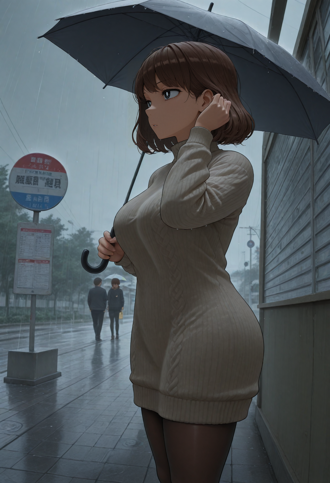 masterpiece, best quality, amazing quality, absurdres,
m3j1k4r4 sc3n3, 1girl, black eyes, white pupils, bright pupils, brown hair, short hair, turtleneck sweater dress, pantyhose, standing, outdoors, bus stop, holding umbrella, rain, tucking hair, looking afar, from side
<lora:sdxl_lightning_8step_lora:1> <lora:V2_Mejikara_Scene:1>
