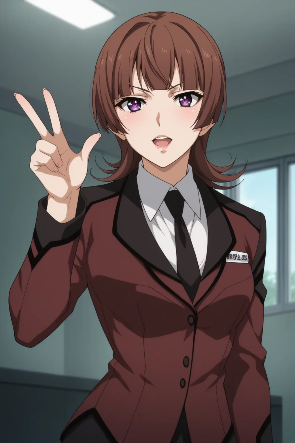 kazari asami, brown eyes, purple eyes, uniform, suit, military uniform, purple uniform, dark brown uniform, white shirt, collared shirt, jacket, closed jacket, dark brown necktie, skirt, pencil skirt, beige pantyhose, black highheels, <lora:Asami_Kazari:0.8>, score_9, score_8_up, score_7_up, score_6_up, score_5_up, source_anime, rating_safe, medium breasts, indoors, police office, 1girl, solo, looking at viewer, <lora:age_slider_v4:3>, (upper body:1.3), standing, v-shaped eyes, dynamic pose