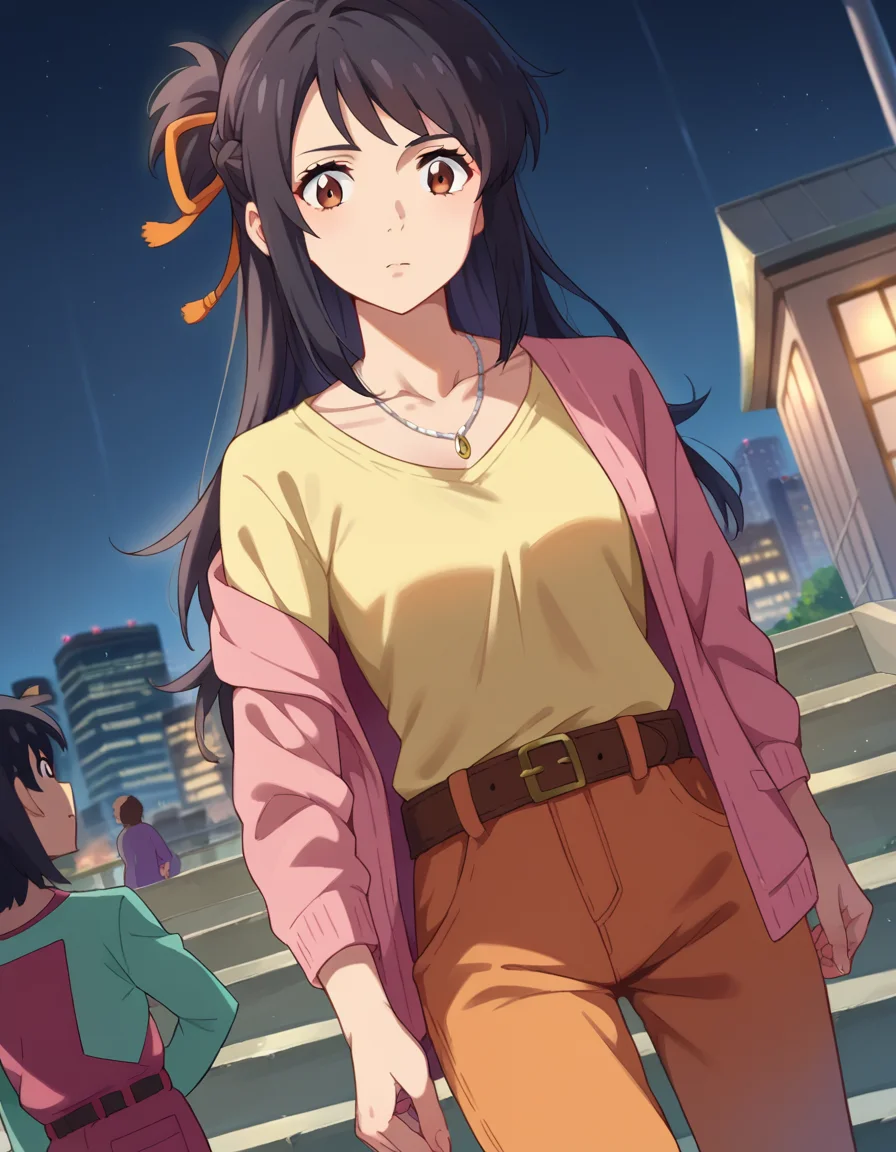 score_9, score_8_up, score_7_up, source_anime,
mitsuhamiyamizu, <lora:mitsuha-miyamizu-ponyxl-lora-nochekaiser:1>,
mitsuha miyamizu, black hair, brown eyes,
aged up, french braid, long hair, straight hair, hair ribbon, cardigan, pink cardigan, shirt, yellow shirt, belt, pants, orange pants, necklace, collarbone,
outdoors, cityscape, stairs,
looking at viewer, dutch angle, cowboy shot,