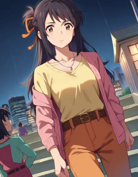 score_9, score_8_up, score_7_up, source_anime,
mitsuhamiyamizu, <lora:mitsuha-miyamizu-ponyxl-lora-nochekaiser:1>,
mitsuha miyamizu, black hair, brown eyes,
aged up, french braid, long hair, straight hair, hair ribbon, cardigan, pink cardigan, shirt, yellow shirt, belt, pants, orange pants, necklace, collarbone,
outdoors, cityscape, stairs,
looking at viewer, dutch angle, cowboy shot,