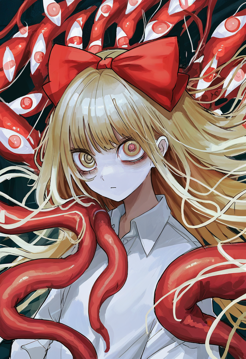 1girl, long hair, blonde hair, looking at viewer, bow, hair bow, eyeball, shirt, red bow, tentacles, solo, extra eyes, upper body, bangs, closed mouth, collared shirt, white shirt <lora:shiunXL_NB11_lokr_V6311P:0.95>