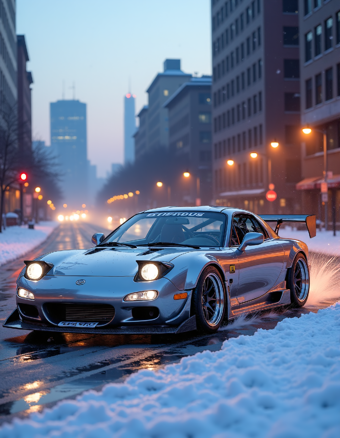 A gleaming silver Mazda RX-7 speeds down a snow-covered city street at dusk, its tires screeching slightly as it takes the turn, sending tiny plumes of frozen air rising into the chilly evening air, while the car's aggressive aftermarket wheels and precision-crafted suspension system are showcased through a subtle layer of frost that clings to their surfaces like delicate glass.