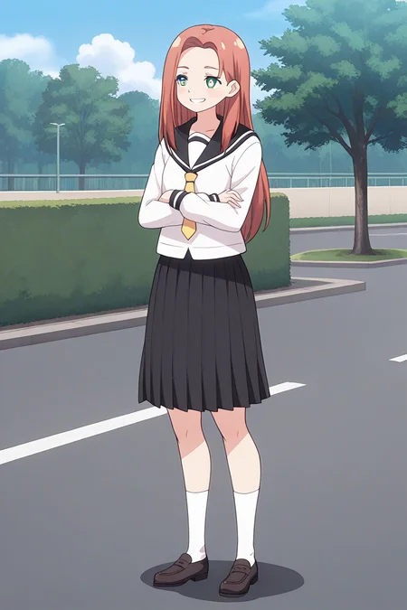 1girl, solo, kyoukolylustea, red hair, parted bangs, long hair, green eyes, white pupils, bright pupils, white shirt, black sailor collar, yellow necktie, black skirt, school, uniform, socks, loafers, outdoors, campus, arms crossed, standing, smile, teeth,