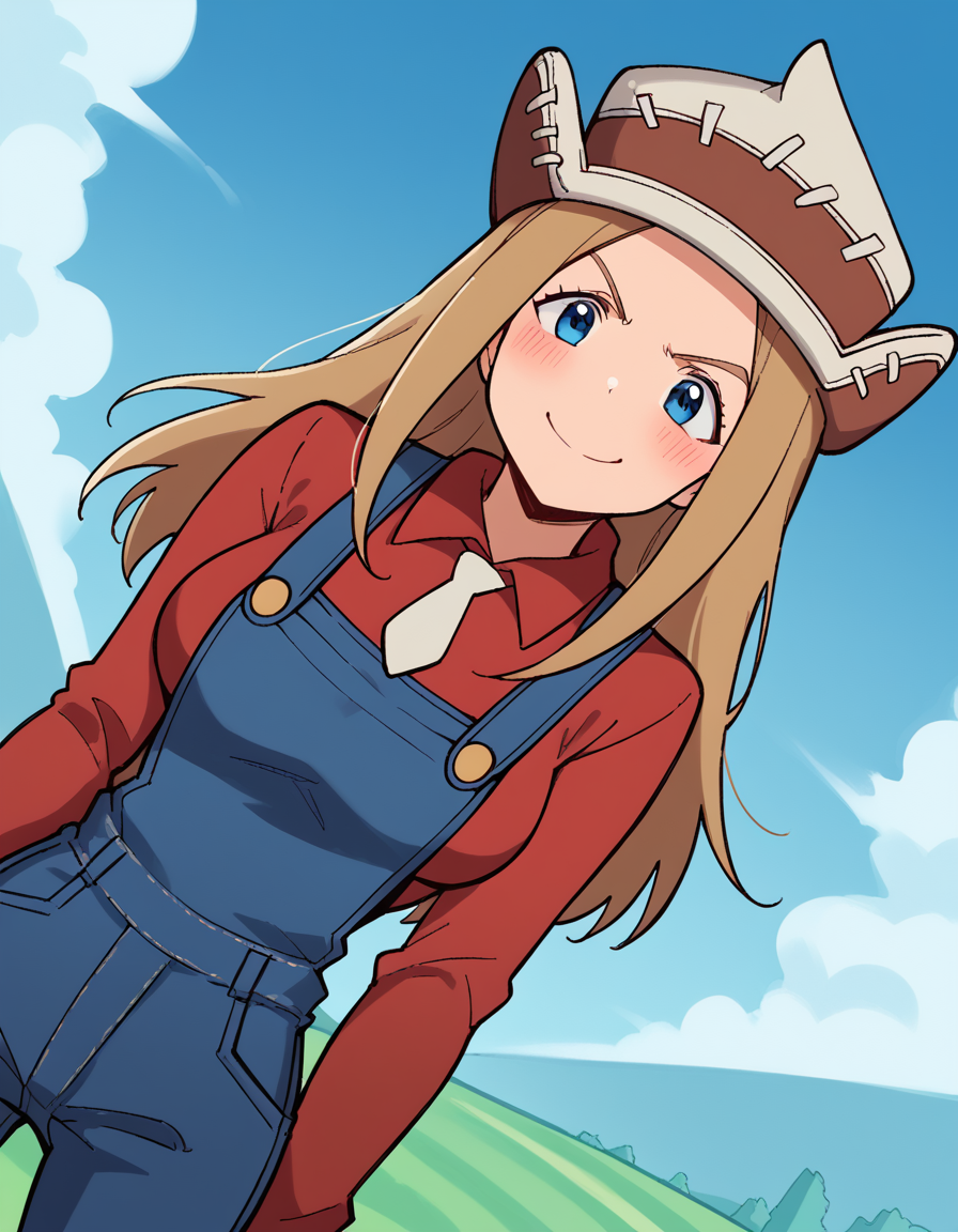 score_9, score_8_up, score_7_up, source_anime, <lora:elizabeth-thompson-s1-ponyxl-lora-nochekaiser:1>, elizabeth thompson, long hair, blue eyes, blonde hair, forehead, medium breasts,, <lora:mario-cosplay-ponyxl-lora-nochekaiser:1>, mariocosplay, mario (cosplay), blue overalls, overalls, shirt, red shirt, long sleeves, collared shirt, hat, red hat,, landscape, blush, smile, , cowboy shot, dutch angle,