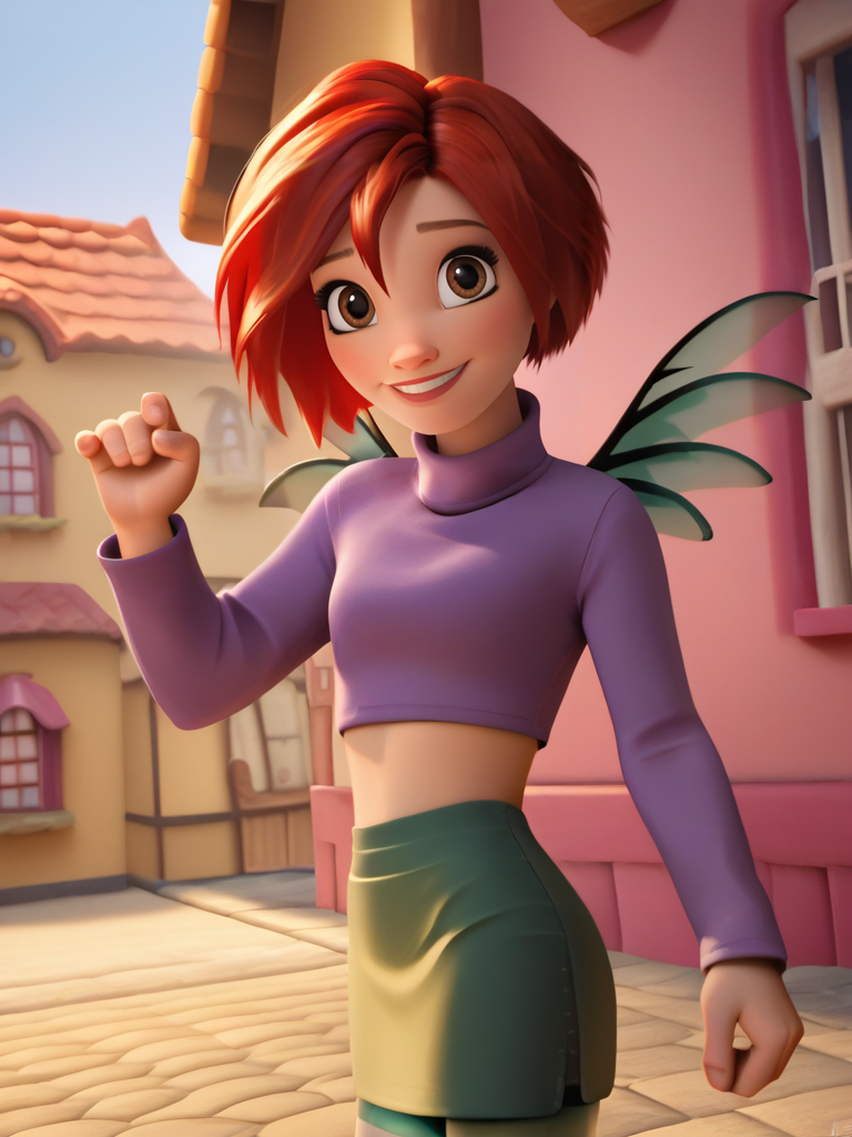 score_9, score_8_up, score_7_up, 1girl, looking at viewer, cowboy shot, dynamic pose, cute, solo, dutch angle, smile, :D, detailed background, shy pose, wide shot, town, village,
<lora:WillVandom_character:0.8> WillVandom, red hair, short hair, brown eyes, wings, striped pantyhose, midriff, green skirt, long sleeves, purple top, turtleneck,, <lora:DisneyStudios_style:1> DisneyStyleXLP, cartoon, cute, cinematic,