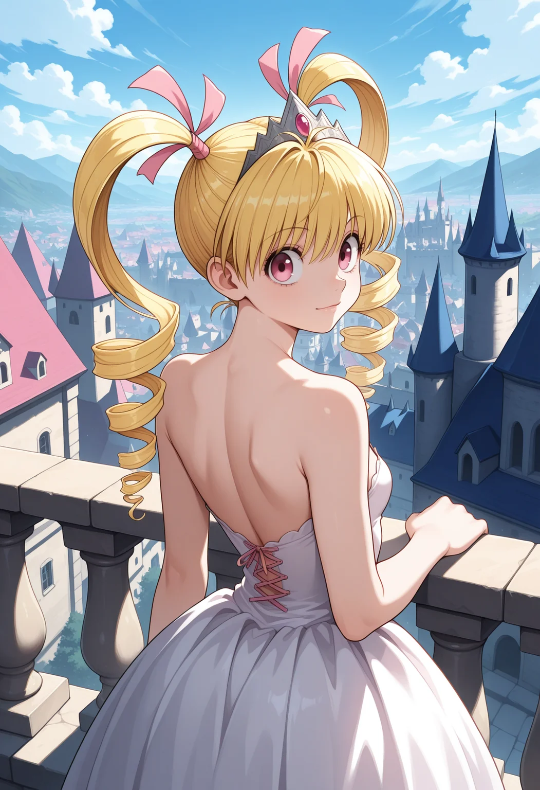 1girl, solo, pink eyes, blonde hair, long hair, twin drills, hair ribbon, pink ribbon,  looking at viewer, hunter x hunter, small breasts, 
hair ribbon, fantasy, princess, white dress, from behind, back, shoulder blades, tiara,
balcony, castle, town,sky,looking back, light smile,
,masterpiece,best quality,amazing quality,
 <lora:bisky_meipaws:.9>