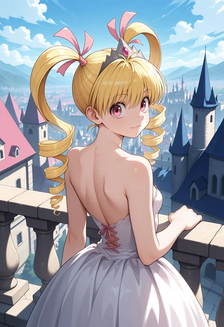 1girl, solo, pink eyes, blonde hair, long hair, twin drills, hair ribbon, pink ribbon, looking at viewer, hunter x hunter, small breasts,
hair ribbon, fantasy, princess, white dress, from behind, back, shoulder blades, tiara,
balcony, castle, town,sky,looking back, light smile,
,masterpiece,best quality,amazing quality,
<lora:bisky_meipaws:.9>