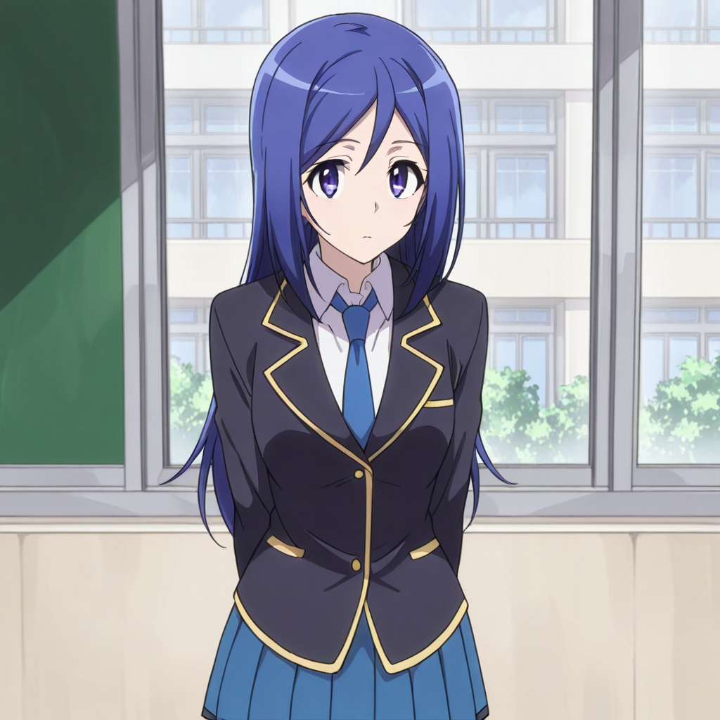 nsfw, masterpiece, best quality, 1girl, solo, jokamachi_no_danderaion_aoi_sakurada, stansing, school uniform, blue hair, skirt, long hair, necktie, blue eyes, jacket, pleated skirt, blue necktie, purple eyes, school, class, classmate, looking at viewer, <lora:Aoi_Sakurada_-_Jokamachi_no_Danderaion:0.7>